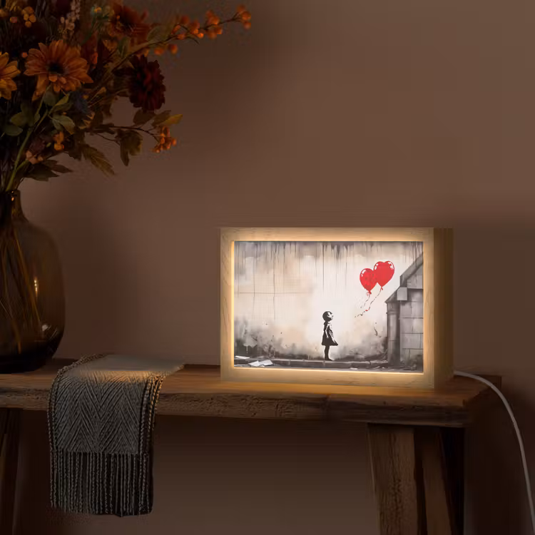 Kunst - Meisje - Ballonnen - Hart - Grijs Light Box met kabel (Tafellamp) klein -sfeer4
