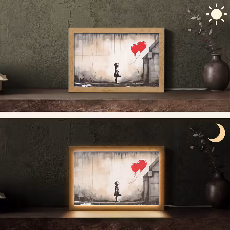 Kunst - Meisje - Ballonnen - Hart - Grijs Light Box met kabel (Tafellamp) klein -sfeer3