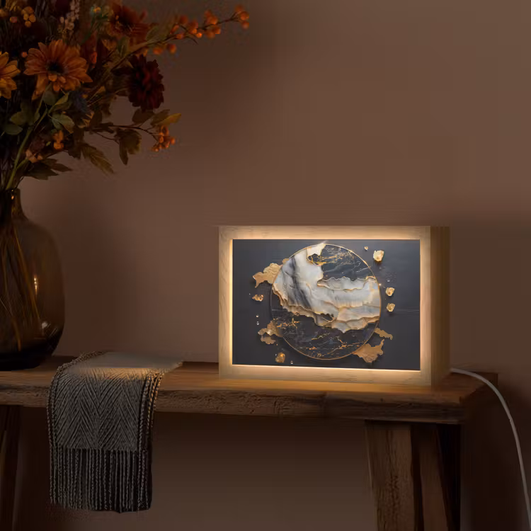 Kunst - Goud - Zwart - Modern - Abstract Light Box met kabel (Tafellamp) klein -sfeer4