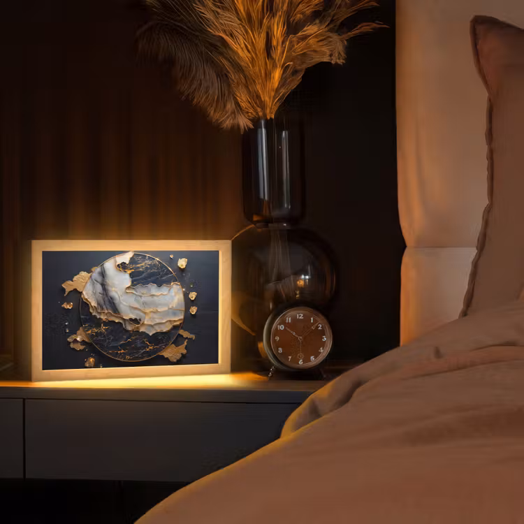 Kunst - Goud - Zwart - Modern - Abstract Light Box met kabel (Tafellamp) klein -sfeer1