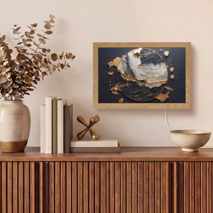 Kunst - Goud - Zwart - Modern - Abstract Light Box met kabel (Tafellamp) klein -sfeer2