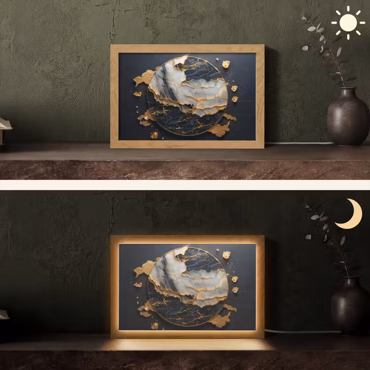 Kunst - Goud - Zwart - Modern - Abstract Light Box met kabel (Tafellamp) klein -sfeer3