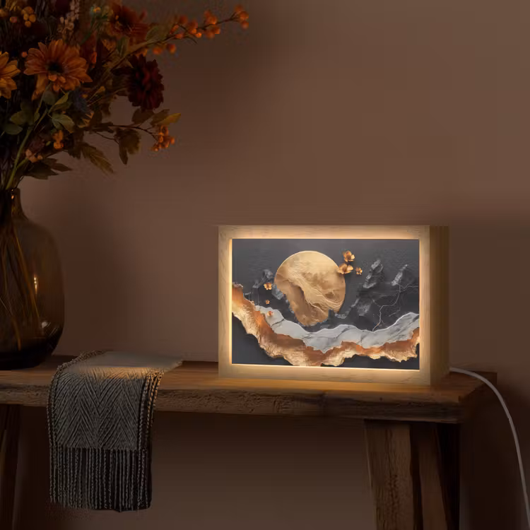 Kunst - Goud - Modern - Abstract Light Box met kabel (Tafellamp) klein -sfeer4