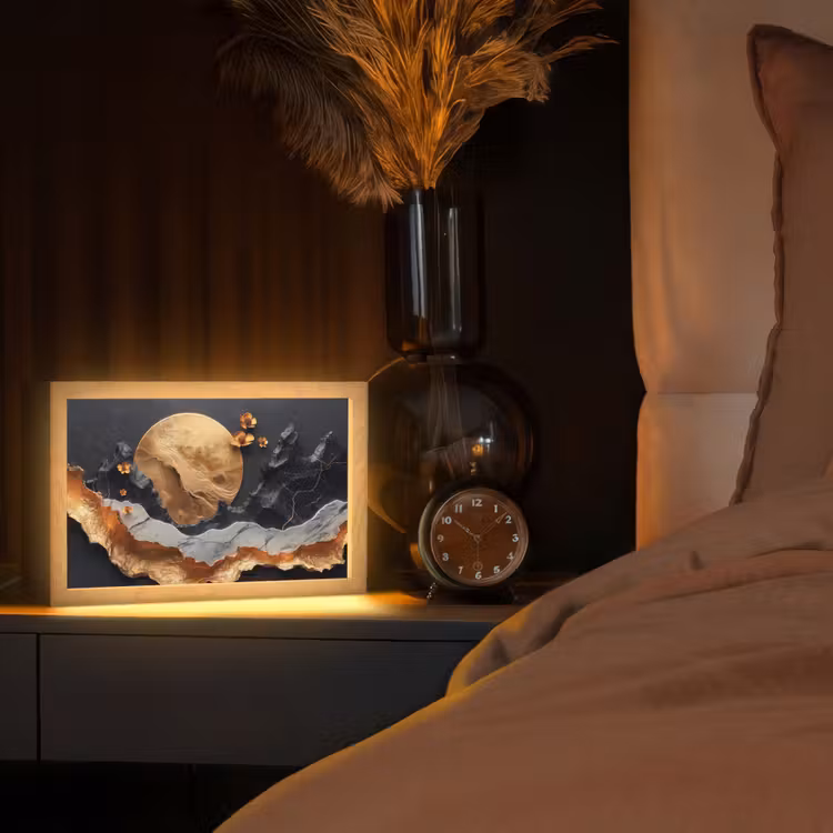 Kunst - Goud - Modern - Abstract Light Box met kabel (Tafellamp) klein -sfeer1