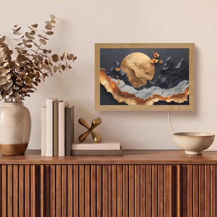 Kunst - Goud - Modern - Abstract Light Box met kabel (Tafellamp) klein -sfeer2