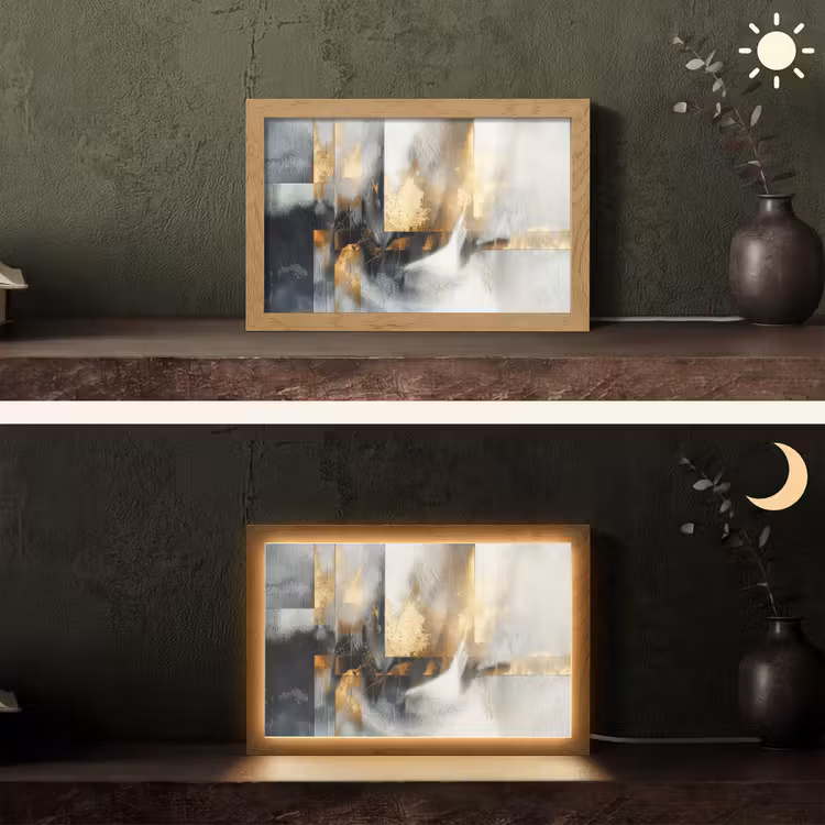 Kunst - Goud - Zilver - Abstract Light Box met kabel (Tafellamp) klein -sfeer3