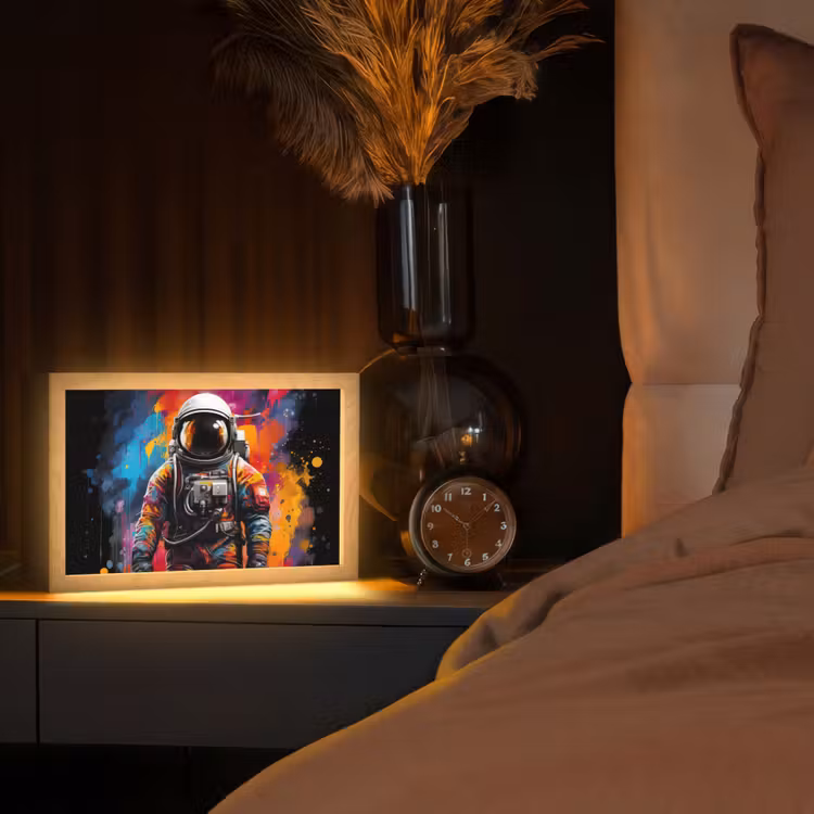 Astronaut - Graffiti - Zwart - Kleuren Light Box met kabel (Tafellamp) klein -sfeer1