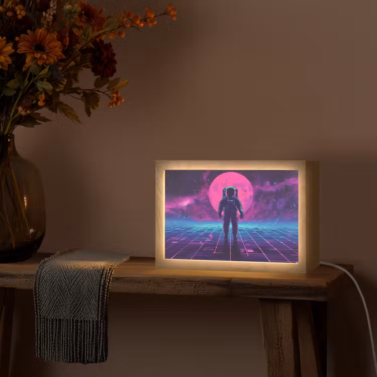 Astronaut - Maan - Roze - Sterrennevels Light Box met kabel (Tafellamp) klein -sfeer4