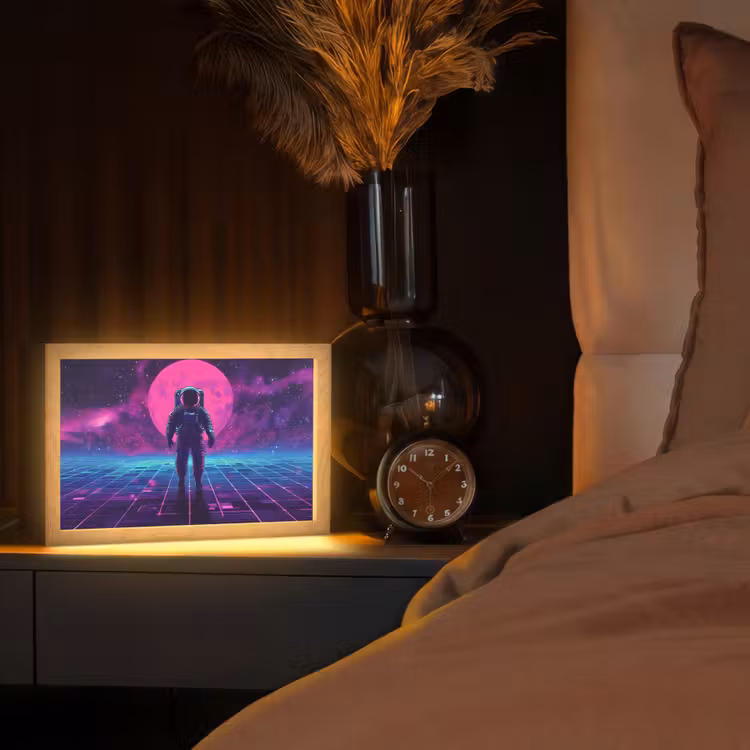 Astronaut - Maan - Roze - Sterrennevels Light Box met kabel (Tafellamp) klein -sfeer1