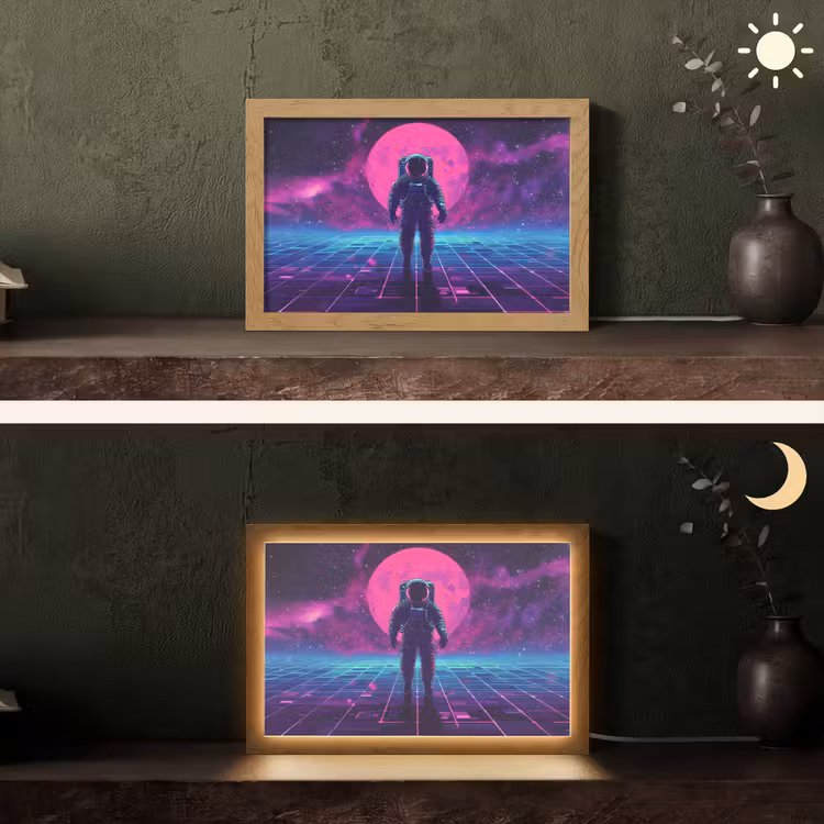 Astronaut - Maan - Roze - Sterrennevels Light Box met kabel (Tafellamp) klein -sfeer3