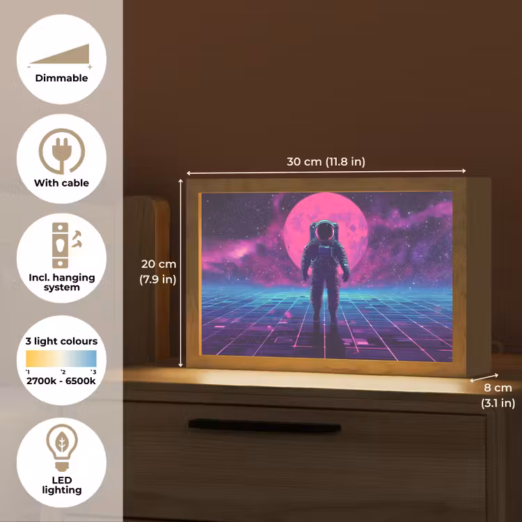 Astronaut - Maan - Roze - Sterrennevels Light Box met kabel (Tafellamp) klein -USP_EN