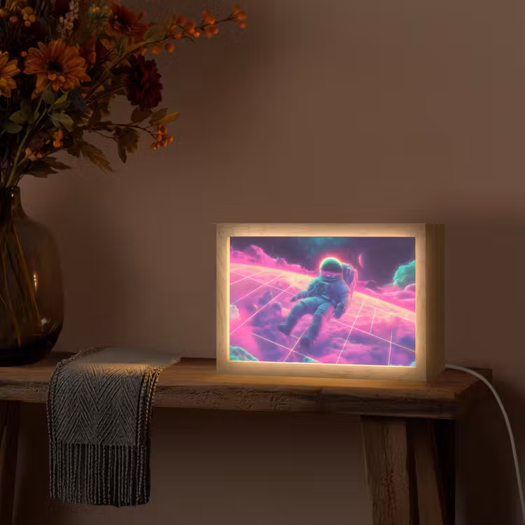 Astronaut - Neon - Roze - Wolken Light Box met kabel (Tafellamp) klein -sfeer4