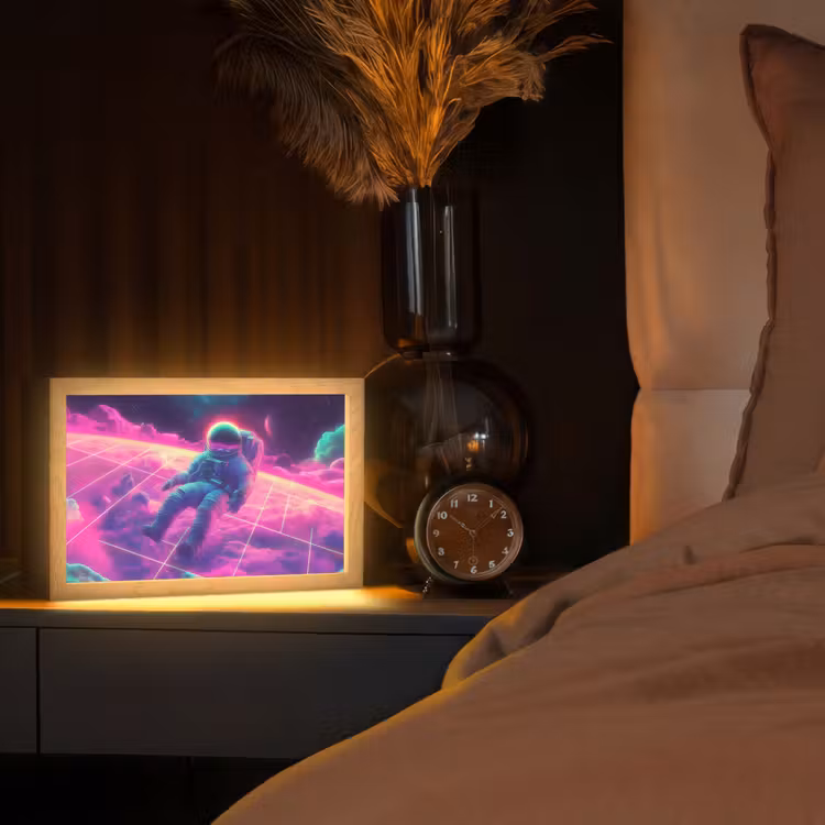 Astronaut - Neon - Roze - Wolken Light Box met kabel (Tafellamp) klein -sfeer1