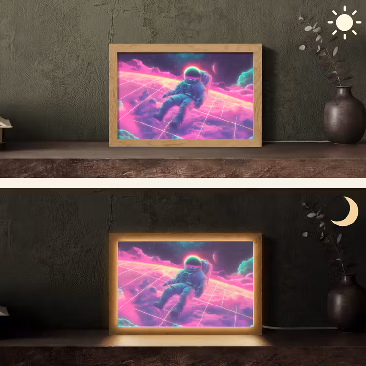 Astronaut - Neon - Roze - Wolken Light Box met kabel (Tafellamp) klein -sfeer3