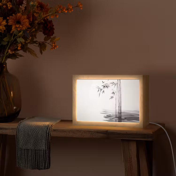 Bamboestammen - Water - Minimalistisch - Wit Light Box met kabel (Tafellamp) klein -sfeer4