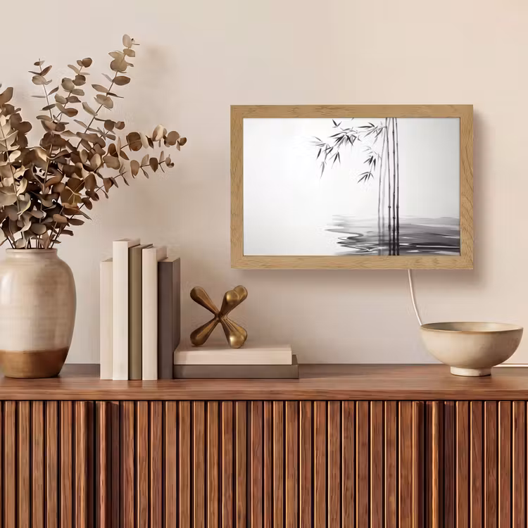 Bamboestammen - Water - Minimalistisch - Wit Light Box met kabel (Tafellamp) klein -sfeer2