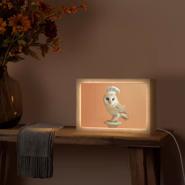 Kerkuil - Koksmuts - Oranje - Vogel Light Box met kabel (Tafellamp) klein -sfeer4