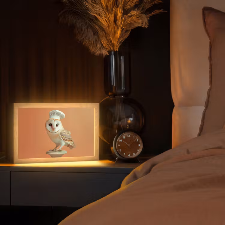 Kerkuil - Koksmuts - Oranje - Vogel Light Box met kabel (Tafellamp) klein -sfeer1