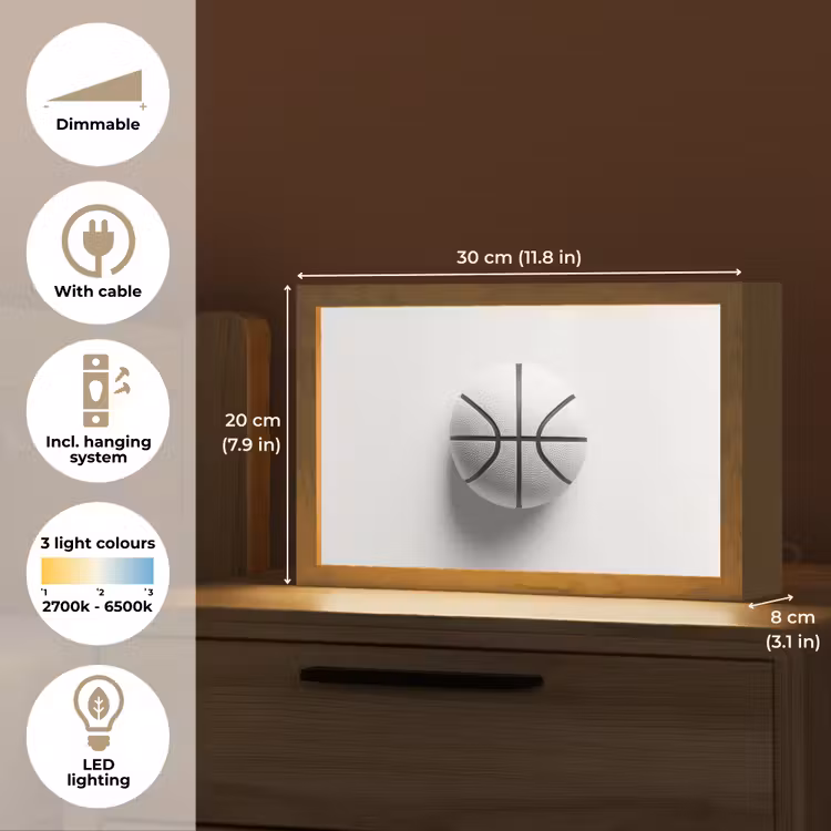 Basketbal - Wit - Schaduw - Lijnen Light Box met kabel (Tafellamp) klein -USP_EN