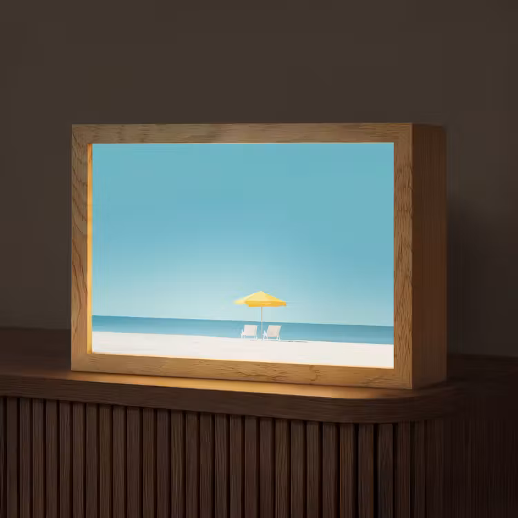 Strand - Blauwe lucht - Geel - Parasol Light Box met kabel (Tafellamp) klein -z3d_website