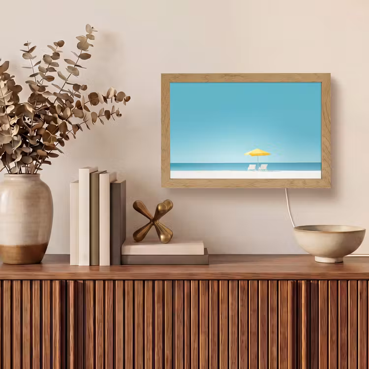 Strand - Blauwe lucht - Geel - Parasol Light Box met kabel (Tafellamp) klein -sfeer2