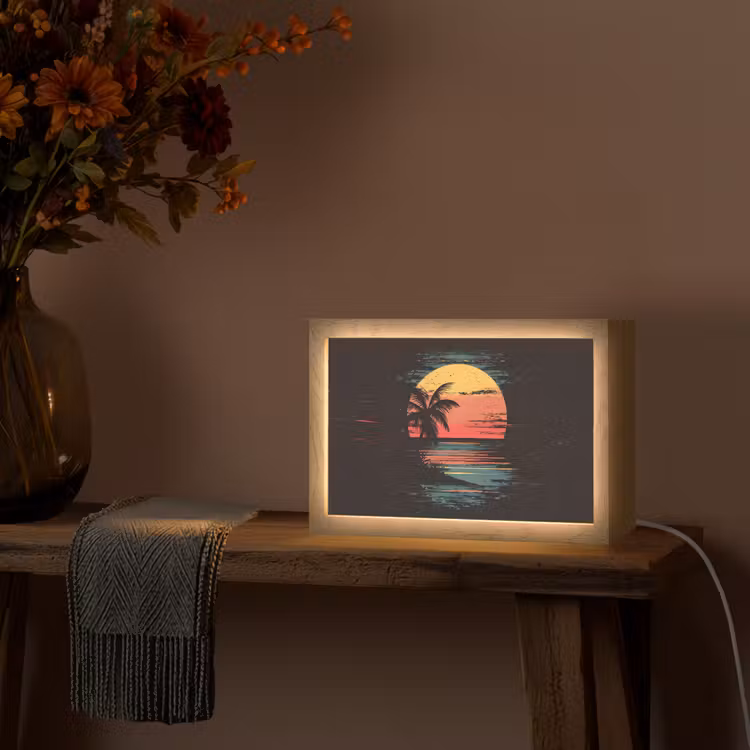 Strand - Minimalistisch - Zon - Oranje Light Box met kabel (Tafellamp) klein -sfeer4