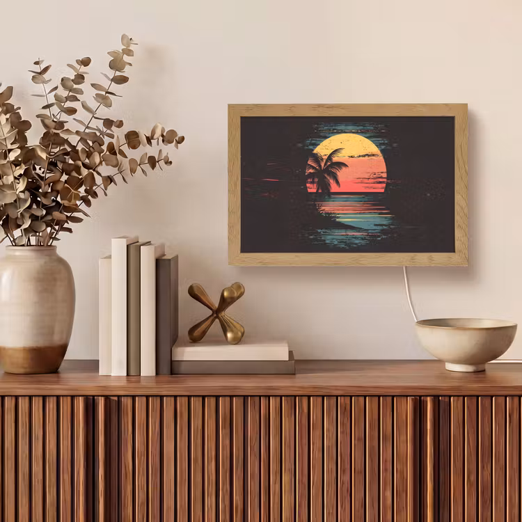 Strand - Minimalistisch - Zon - Oranje Light Box met kabel (Tafellamp) klein -sfeer2