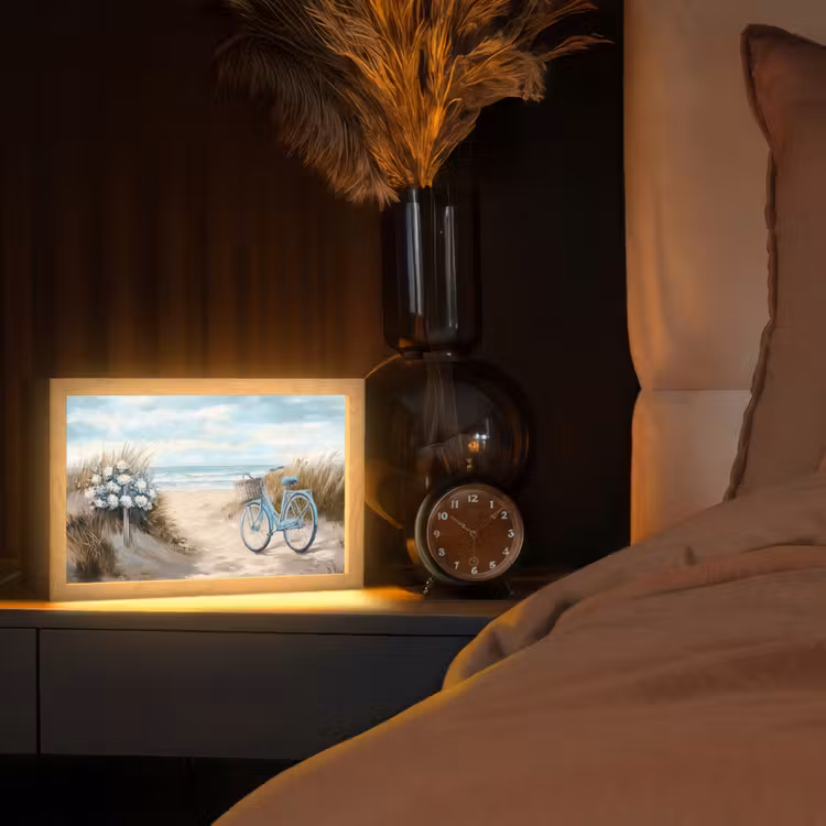 Strand - Zee - Fiets - Vintage - Bloemen Light Box met kabel (Tafellamp) klein -sfeer1