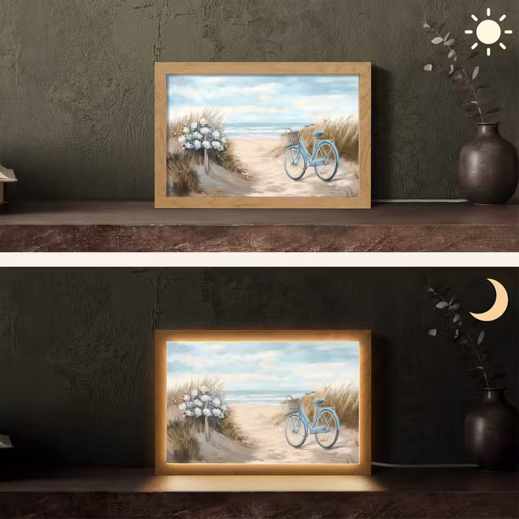 Strand - Zee - Fiets - Vintage - Bloemen Light Box met kabel (Tafellamp) klein -sfeer3