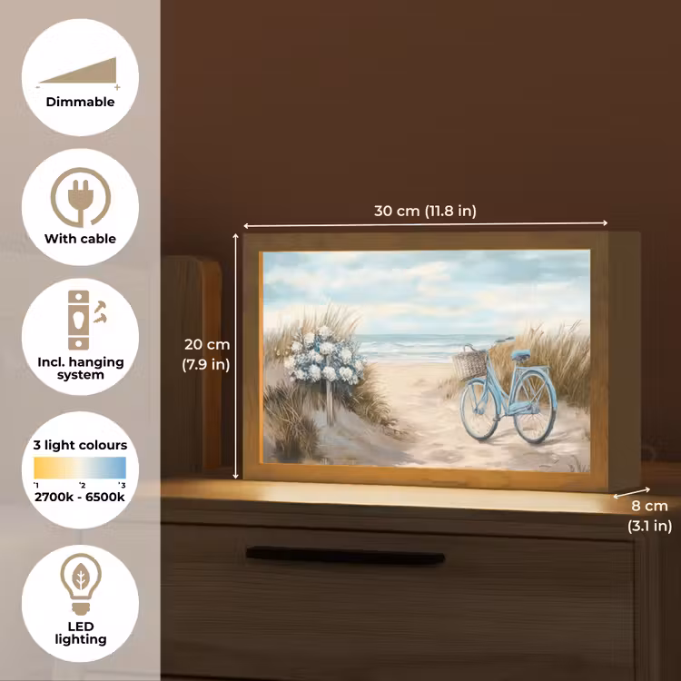 Strand - Zee - Fiets - Vintage - Bloemen Light Box met kabel (Tafellamp) klein -USP_EN