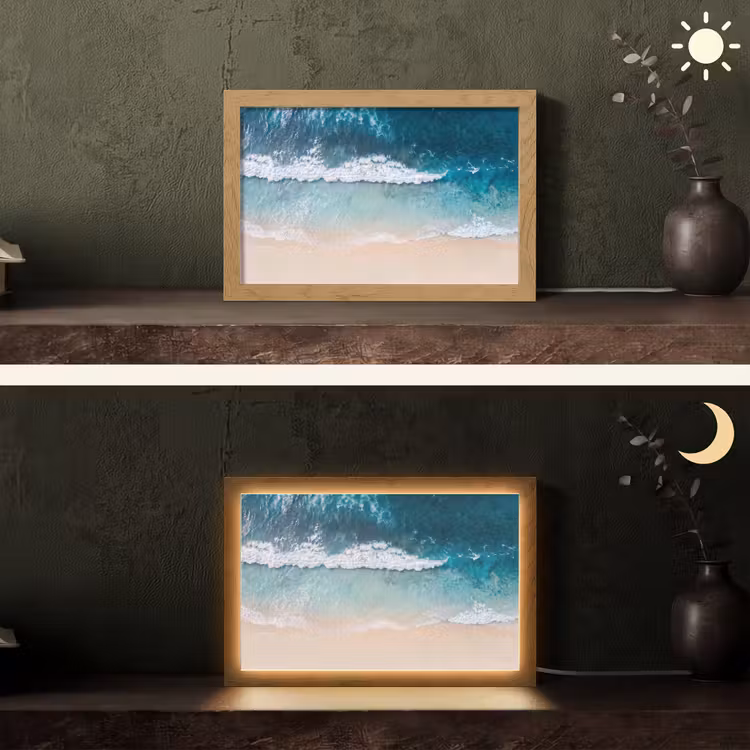 Strand - Zee - Golven - Natuur - Blauw Light Box met kabel (Tafellamp) klein -sfeer3