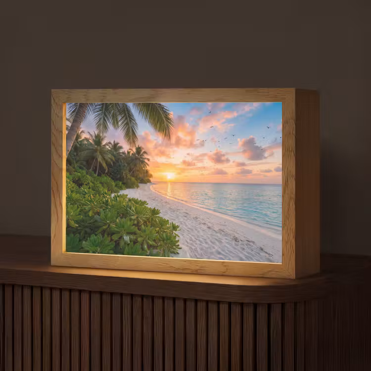 Strand - Zonsondergang - Palmbomen - Tropisch - Natuur Light Box met kabel (Tafellamp) klein -z3d_website