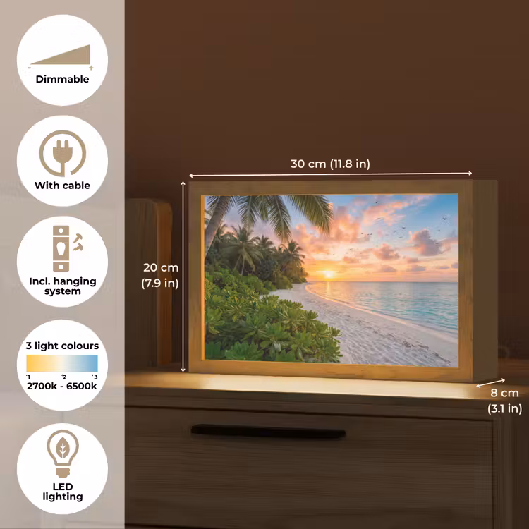 Strand - Zonsondergang - Palmbomen - Tropisch - Natuur Light Box met kabel (Tafellamp) klein -USP_EN