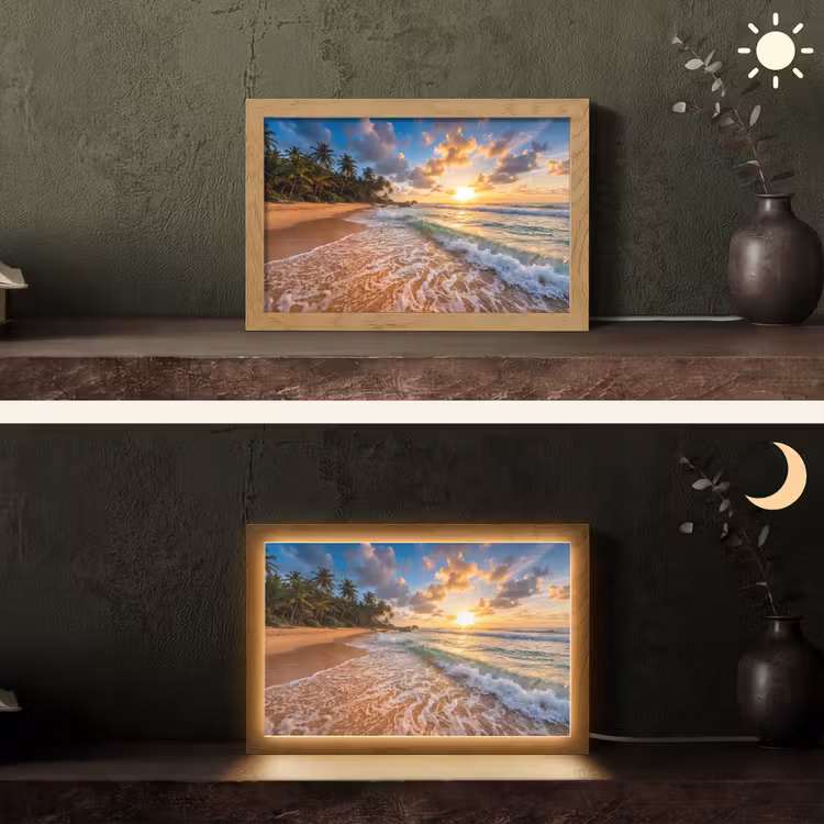 Strand - Zonsondergang - Golven - Natuur - Goud Light Box met kabel (Tafellamp) klein -sfeer3