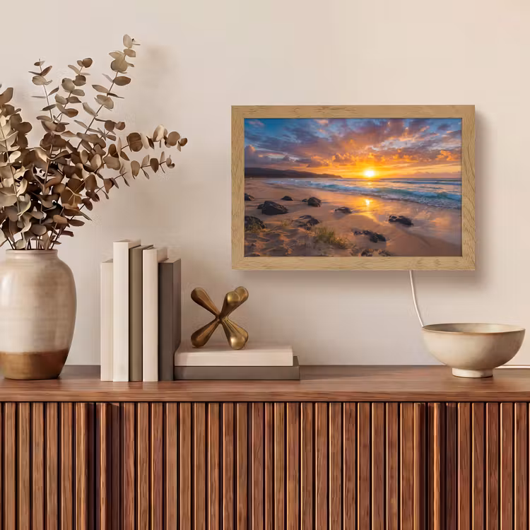 Strand - Zonsondergang - Golven - Natuur - Oranje Light Box met kabel (Tafellamp) klein -sfeer2
