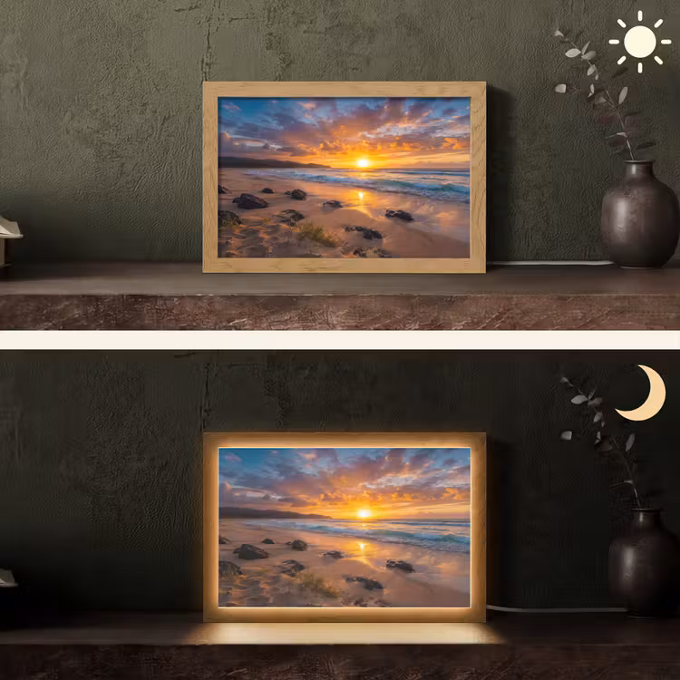 Strand - Zonsondergang - Golven - Natuur - Oranje Light Box met kabel (Tafellamp) klein -sfeer3