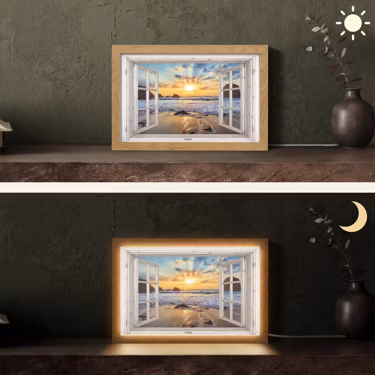 Strand - Doorkijk - Zonsondergang - Landschap - Zee - Natuur Light Box met kabel (Tafellamp) klein -sfeer3