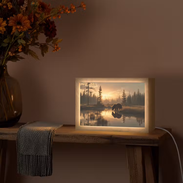 Beer - water - Bos - Ochtendlicht Light Box met kabel (Tafellamp) klein -sfeer4