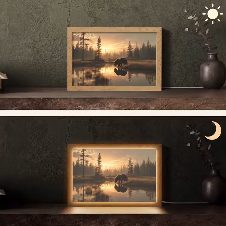Beer - water - Bos - Ochtendlicht Light Box met kabel (Tafellamp) klein -sfeer3