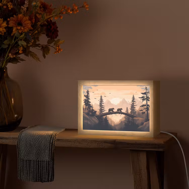 Beren - Bomen - Landschap - Zonsondergang Light Box met kabel (Tafellamp) klein -sfeer4