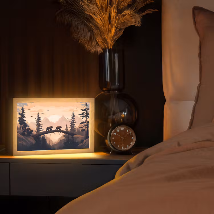 Beren - Bomen - Landschap - Zonsondergang Light Box met kabel (Tafellamp) klein -sfeer1