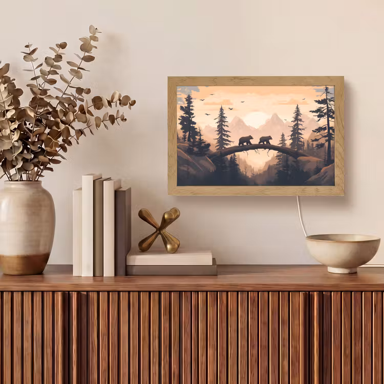 Beren - Bomen - Landschap - Zonsondergang Light Box met kabel (Tafellamp) klein -sfeer2