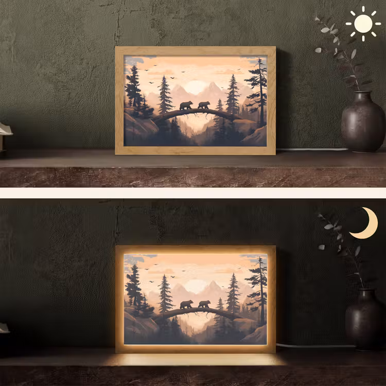 Beren - Bomen - Landschap - Zonsondergang Light Box met kabel (Tafellamp) klein -sfeer3