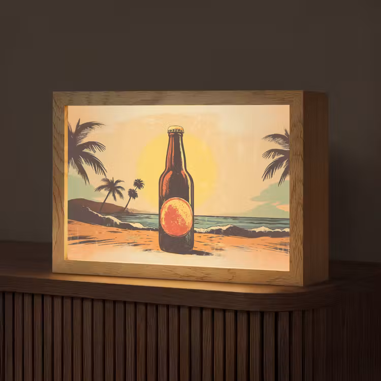 Bierfles - Zonsondergang - Palmbomen - Zee Light Box met kabel (Tafellamp) klein -z3d_website