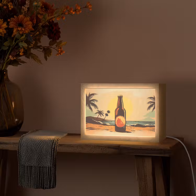 Bierfles - Zonsondergang - Palmbomen - Zee Light Box met kabel (Tafellamp) klein -sfeer4