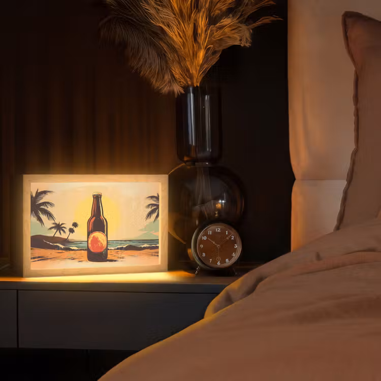 Bierfles - Zonsondergang - Palmbomen - Zee Light Box met kabel (Tafellamp) klein -sfeer1