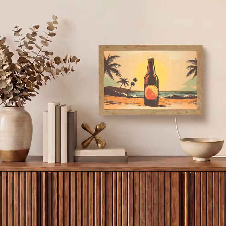 Bierfles - Zonsondergang - Palmbomen - Zee Light Box met kabel (Tafellamp) klein -sfeer2