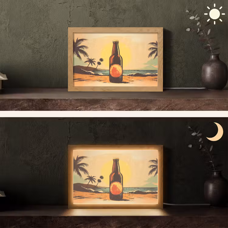 Bierfles - Zonsondergang - Palmbomen - Zee Light Box met kabel (Tafellamp) klein -sfeer3