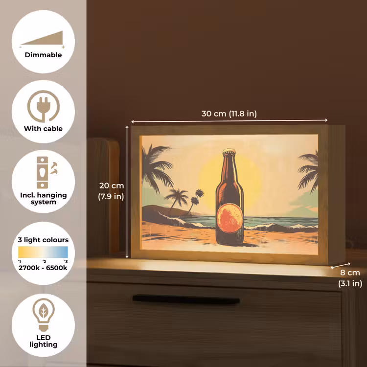 Bierfles - Zonsondergang - Palmbomen - Zee Light Box met kabel (Tafellamp) klein -USP_EN