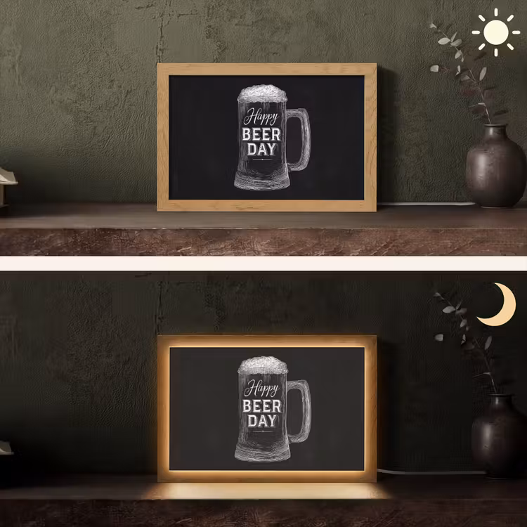 Bierpul - Witte krijtletters - Happy beer day Light Box met kabel (Tafellamp) klein -sfeer3